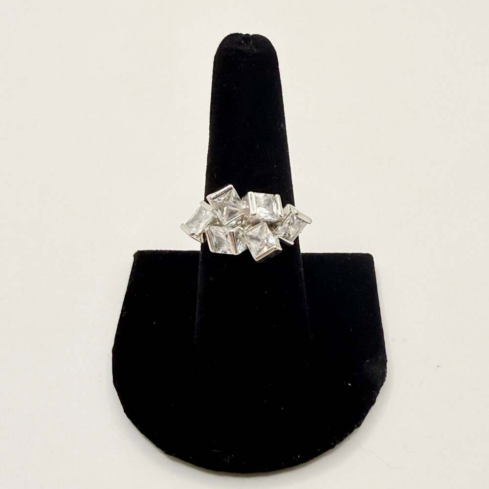 Silver Tone Crystal Cluster Ring Size 7.5 Princess Cut Square Statement Vintage
